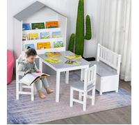 Ensemble de table et chaises enfant - set de 4 pièces - table, 2 chaises, banc coffre 2 en 1 - MDF pin blanc gris