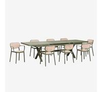 Ensemble De Table Rectangulaire Extensible Karena 240-300x100 Cm Et 8 Chaises De Jardin Empilables Avec Accoudoirs Omara Vert Olive Intense