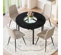 Ensemble de table ronde minimaliste avec quatre chaises, ensemble de salle à manger moderne pour salon et cuisine, aspect bois noir, cadre en métal robuste, coussins d'assise confortables, étagère en