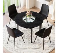 Ensemble de table ronde minimaliste avec quatre chaises, ensemble de salle à manger moderne pour salon et cuisine, aspect bois noir, cadre en métal robuste, coussins d'assise confortables, étagère en