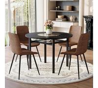 Ensemble de table ronde minimaliste avec quatre chaises, ensemble de salle à manger moderne pour salon et cuisine, aspect bois noir, cadre en métal robuste, coussins d'assise confortables, étagère en