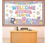Ensemble de tableau d'affichage de bienvenue pour la rentrée scolaire, carnet de composition, décoration de salle de arnet, cartable, découpes, visage souriant, bordures de tableau
