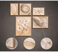 Ensemble de tableaux muraux peints à la main sur toile - Motif floral abstrait - Acrylique - Avec fleurs - Art moderne - Beige - Décoration murale pour salon et chambre à coucher - 90 x 80 cm