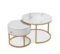 Vicco Ensemble de Tables Basses Madrid, Marbre Blanc, 70x70cm | petite table avec tiroir, utilisable comme table d’appoint offrant une surface de rangement supplémentaire