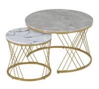 Ensemble de tables basses modernes gigognes, lot de 2, MDF avec motif marbre, tables d'appoint rondes, cadre en métal stable, 70×70×45 cm, Gris