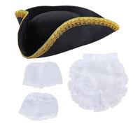 Ensemble de tablier avec chapeau tricorne colonial avec bordure dorée et poignets blancs pour fête de pirate noir pour jeu de rôle pour la guerre d'indépendance, tricorne coloniale, poignets blancs