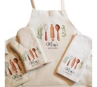 Ensemble de Tablier de Cuisine Personnalisé - Tablier en Lin, Manique, Gants, Torchon en Coton - Unisexe pour Adulte avec Nom - Fait Main pour Maman, Papa, Époux