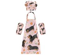 Ensemble de tablier multifonction pour enfants de 3 à 12 ans Motif teckel mignon et petites fleurs Rose Réglable avec poches pour la cuisine et la peinture, dessin animé mignon teckel et petites