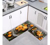 Ensemble de Tapis de Cuisine, Bol En Bois Oranges Cuisine Antidérapant de 2 Pièces, Fruits Plantes Tapis de Sol Lavable Super Absorbable avec Support en Caoutchouc, 40x60cm+40x120cm, Brun bronzé