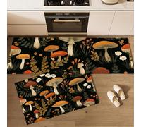Ensemble de Tapis de Cuisine Feuilles De Champignons Tapis de Sol Lavables et Antidérapants Plantes De Dessins Animés Paillasson Anti-Fatigue pour Salle à Manger, Couloir, Entrée 40x60cm+40x120cm Brun