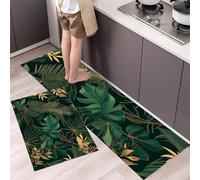 Ensemble de Tapis de Cuisine Feuilles De Palmier Tapis de Sol Lavables Antidérapants Aventure dans La Jungle Paillasson Anti-Fatigue pour Salle à Manger, Couloir, Entrée 43x75cm+43x150cm Vert Forêt