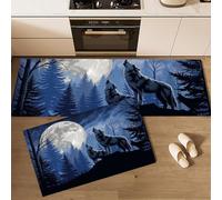 Ensemble de Tapis de Cuisine Hurlement Du Loup Gris Antidérapant Lavable, Lot de 2 50x80cm+50x150cm Tapis de Sol Vue Nocturne De La Forêt De Montagne pour la Cuisine, la Salle à Manger, Bleu Foncé