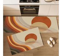 Ensemble de Tapis de Cuisine Lignes Et Courbes Tapis de Sol Lavables et Antidérapants Art Abstrait Paillasson Anti-Fatigue pour Salle à Manger, Couloir, Entrée 43x75cm+43x150cm Terre Cuite