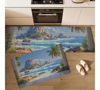 Ensemble de Tapis de Cuisine Plage Rocheuse Antidérapant Lavable, Lot de 2 45x75cm+45x150cm Tapis de Sol Vue Depuis La Fenêtre Sur Une Île Tropicale pour la Cuisine, la Salle à Manger, Bleu Clair