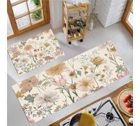 Ensemble de Tapis de Cuisine Roses Et Chrysanthèmes Tapis de Sol Lavables et Antidérapants Fleurs Sauvages Pastel Paillasson Anti-Fatigue pour Salle à Manger, Couloir, Entrée 45x75cm+45x150cm Pêche