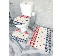 Ensemble de tapis de salle de bain 3 pièces Freedom 4th of July Patriotic Memorial Day Pentagram Bleu Rouge Plaid Tapis de contour ultra doux et couvercle pour baignoire, douche et salle de bain -