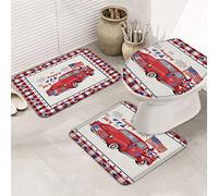 Ensemble de tapis de salle de bain 3 pièces Happy 4th of July Memorial Day USA Flag Retro Truck Pentagram Check Tapis de contour ultra doux et couvercle pour baignoire, douche et salle de bain -