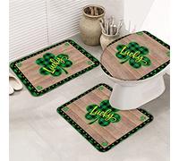 Ensemble de tapis de salle de bain 3 pièces Happy St. Patrick's Day Lucky Green Plaid Shamrock Grain de bois rétro Super doux antidérapant Ensemble de tapis de bain avec couvercle de couvercle de to