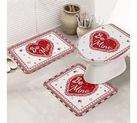 Ensemble de tapis de salle de bain 3 pièces Happy Valentine Be Mine Love Sweet Romantic Red White Striped Edge Tapis de bain antidérapant ultra doux Tapis de contour et couvercle pour baignoire, dou