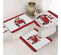 Ensemble de tapis de salle de bain 3 pièces Happy Valentine's Day Sweet Dwarf Be Mine Truck Love Red Plaid Wood Grain Tapis de bain antidérapant ultra doux Tapis de contour et couvercle pour baignoi