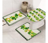 Ensemble de tapis de salle de bain 3 pièces Lucky Shamrock Charmed St. Patrick's Clover Gold Coin Black Check Plaid Ensemble de tapis de bain antidérapant super doux avec couvercle de couvercle de t