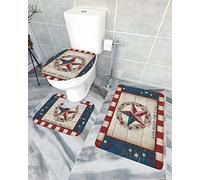 Ensemble de tapis de salle de bain 3 pièces Tapis de bain 4th of July Memorial Day Patriotic Pentagram Rétro Grain de bois Tapis de contour ultra doux et couvercle pour baignoire, douche et salle de