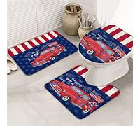 Ensemble de tapis de salle de bain 3 pièces Tapis de bain 4th of July Memorial Day Truck avec drapeau américain Pentagram Firework Tapis de contour ultra doux et couvercle pour baignoire, douche et