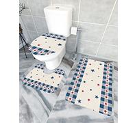 Ensemble de tapis de salle de bain 3 pièces Tapis de bain 4th of July Patriotic Memorial Pentagram Independence Day Star Plaid Tapis de contour ultra doux et couvercle pour baignoire, douche et sall