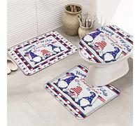 Ensemble de tapis de salle de bain 3 pièces Tapis de bain Happy 4th of July Independence Day Freedom Patriotic Gnome Memorial Day Tapis de contour ultra doux et couvercle pour baignoire, douche et s