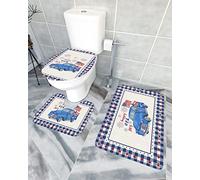 Ensemble de tapis de salle de bain 3 pièces Tapis de bain Happy 4th of July Memorial Day Truck USA Flag Pentagram Blue Plaid Tapis de contour ultra doux et couvercle pour baignoire, douche et salle