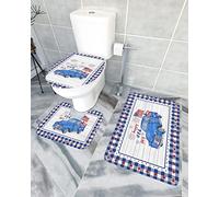 Ensemble de tapis de salle de bain 3 pièces Tapis de bain Happy 4th of July Memorial Day Truck USA Flag Blue Plaid Pentagram Tapis de contour ultra doux et couvercle pour baignoire, douche et salle