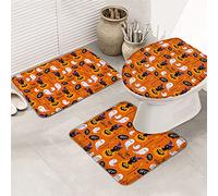 Ensemble de tapis de salle de bain 3 pièces Tapis de bain Happy Halloween Boo! Joli chapeau de sorcière chat noir balai fantôme orange tapis de contour ultra doux et couvercle pour baignoire douche