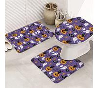 Ensemble de tapis de salle de bain 3 pièces Tapis de bain Happy Halloween Boo! Joli chapeau de sorcière chat noir balai fantôme violet tapis de contour ultra doux et couvercle pour baignoire douche