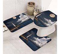 Ensemble de tapis de salle de bain 3 pièces Tapis de bain Ocean Coastal Lighthouse Night Moon Nether Pavilion Dark Cloud Tapis de contour ultra doux et couvercle pour baignoire, douche et salle de b