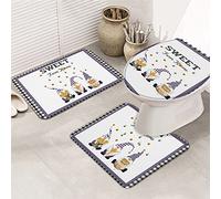 Ensemble de tapis de salle de bain 3 pièces Tapis de bain Sweet Farm Home Gnome Daisy Tournesol Abeille Noir Blanc Plaid Tapis de contour ultra doux et couvercle pour baignoire, douche et salle de b
