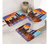 Ensemble de tapis de salle de bain 3 pièces Tapis de bain Urban Prosperous City Night View Dreamy Dusk Sunset Architecture Paysage Tapis de contour ultra doux et couvercle pour baignoire, douche et