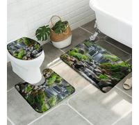 Ensemble De Tapis De Salle De Bain Waterfall Tropical Garden Flower Green Plant Falling Water Stone Rock Moss Lake Nature Landscape Lot De 3 Tapis De Bain Antidérapant Contour Tapis Toilette