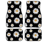 Ensemble de tapis de sol de voiture tendance motif marguerite noir - 2 tapis avant et 2 tapis arrière (marguerites blanches sur fond noir)