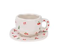 Ensemble de tasse à café en céramique Koythin avec sous-tasse, mignonne et créative, design unique à nœud en cerise pour le bureau et la maison, 300 ml pour le lait, le thé et le latte