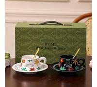 Ensemble de tasses à café élégantes en céramique de 293,5 g avec emballage cadeau, 2 tasses + 2 soucoupes + 2 cuillères, ensemble de tasses à thé de style médiéval pour cadeau de Saint-Valentin