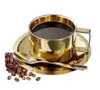 Ensemble de tasses à café en acier inoxydable - 200 ml - Double paroi - Avec cuillère et soucoupe - Tasse à expresso - Tasse isotherme pour café, latte, thé, lait, thé et café - Doré