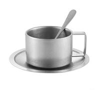 Ensemble de tasses à café en acier inoxydable - Double paroi - Style européen rétro - Avec soucoupe et cuillère - Tasse à lait isotherme pour les amateurs de café (200 ml)