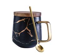 Ensemble de tasses à café en céramique avec cuillère - Style bohème nordique marbré doré mat avec couvercle en bois - Cadeau idéal pour un anniversaire et la Saint-Valentin