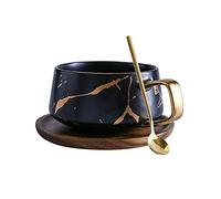 Ensemble de tasses à café en céramique marbrée avec motif doré mat, style nordique, bohème, tasses à cappuccino et tasse à thé avec cuillère, de Saint-Valentin (noir, 260 ml)
