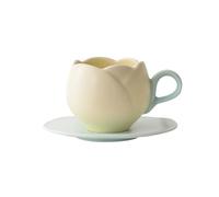 Ensemble de tasses à café tulipe en céramique avec soucoupe, tasse à thé cappuccino de 10 oz et soucoupe en forme feuille, verres forme fleur for café matin, le latte, les amateurs de thé(jaune)