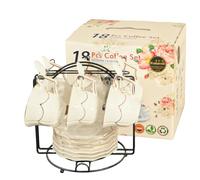 Ensemble de Tasses à Thé en Porcelaine Vintage 18 Pièces avec Soucoupe et Cuillère, Service à Thé Européen en Porcelaine d'os 200 ml avec Support en Fer pour Thé et Café, Design Rose, Incl. Debout