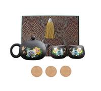 Ensemble de tasses à thé théière,Théière en argile violette changeant de couleur,Service à thé chinois en céramique Kung Fu,1 casserole 2 tasses,Avec dessous de verre (B - Fleur, Boite cadeau)
