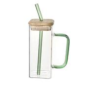 Ensemble de Tasses en Verre Carrées, Tasses à Café Glacées, Couvercle et Poignée de Couleur Paille, Verres à Bière de 13,5 Oz avec Poignée Transparente en Forme de Grande Tasse en Verre(Vert)