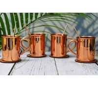 Ensemble de Tasses Mule de Moscou | Verres à Cocktail en Cuivre Pur | Lot de 4 Avec Finition Lisse, 4 Sous-Verres et 4 Pailles Gratuites