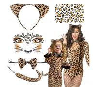 Ensemble de tenue à imprimé léopard, comprenant des oreilles, un bandeau, un nœud papillon, une queue et des tatouages temporaires à imprimé léopard, adaptés aux carnavals et au cosplay (5 pièces)